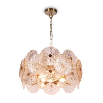 Chandelier, pendant lamp Aster, 8 bulbs E14 (40W). Maytoni, Germany. Diameter: 62 cm. Height 40-83 cm. Gold-colored metal and glass.