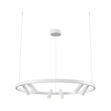 Trendy LED chandelier, pendant lighting - Satellite Mayton. White. Metal frame with pivot points: 340° horizontally and 90° vertically. Integrated LED module. Diameter 90 cm. Height: 33-120 cm. Luminous flux, Lm: 3804, Color temperature, K: 3258