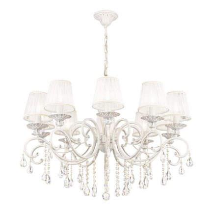 Lühter Grace, ARM247-10-G. Maytoni. Metallraam, valge kuldse viimistlusega. Plisseeritud valge organza lambivarjud. Kristallripatsid. Ideaalne lahendus kaasaegsesse elu- ja magamistuppa. 10 pirni E14 (40W). Diameter 85 cm. Kõrgus 124 cm.
