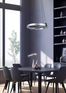 Photo of a modern dining room featuring a sleek and stylish tabl